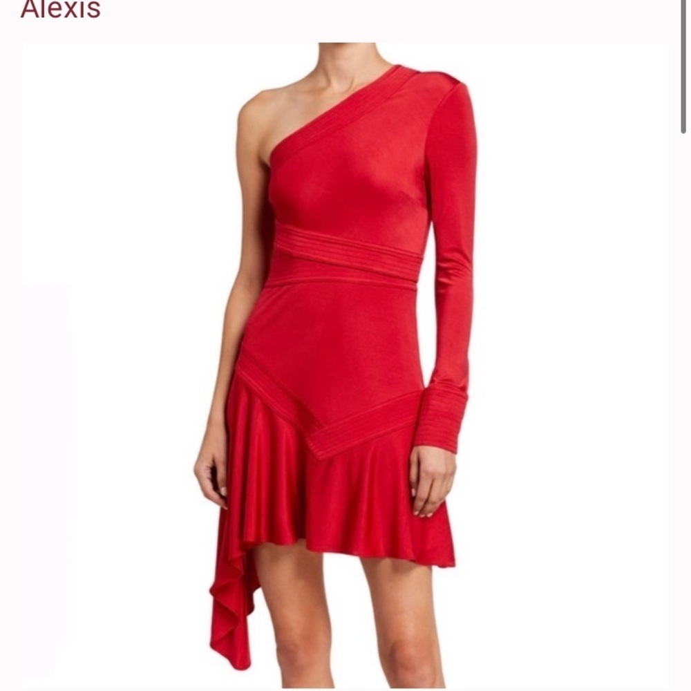 Alexis One Shoulder Asymmetrical Gaja Dress in Red. Size Small.